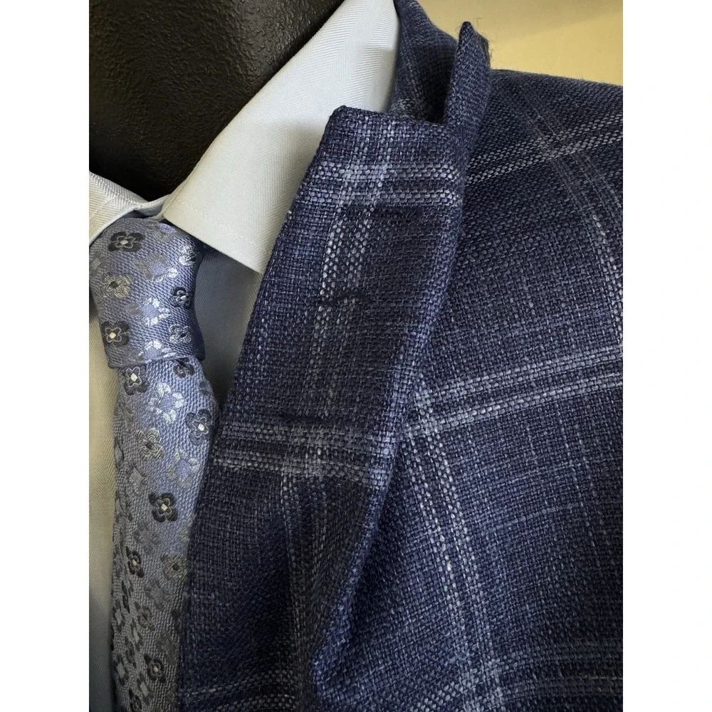 NWT Peter Millar Sport Coat Blazer Wool Silk Linen ATL‎ Blue Plaid 44 Long $1295